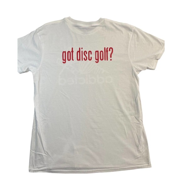 Disc Golf Shirt ADDICTED Basket Red Logo L Graphic T-Shirt Gildan White - Picture 8 of 10